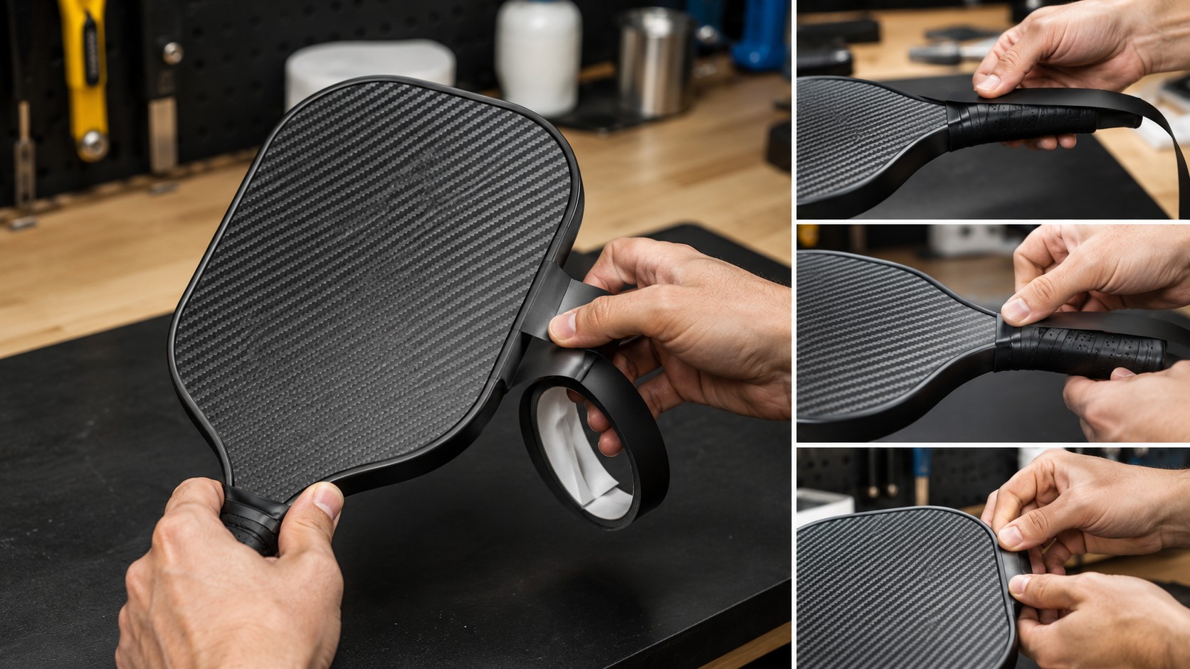 Applying edge guard tape to a pickleball paddle