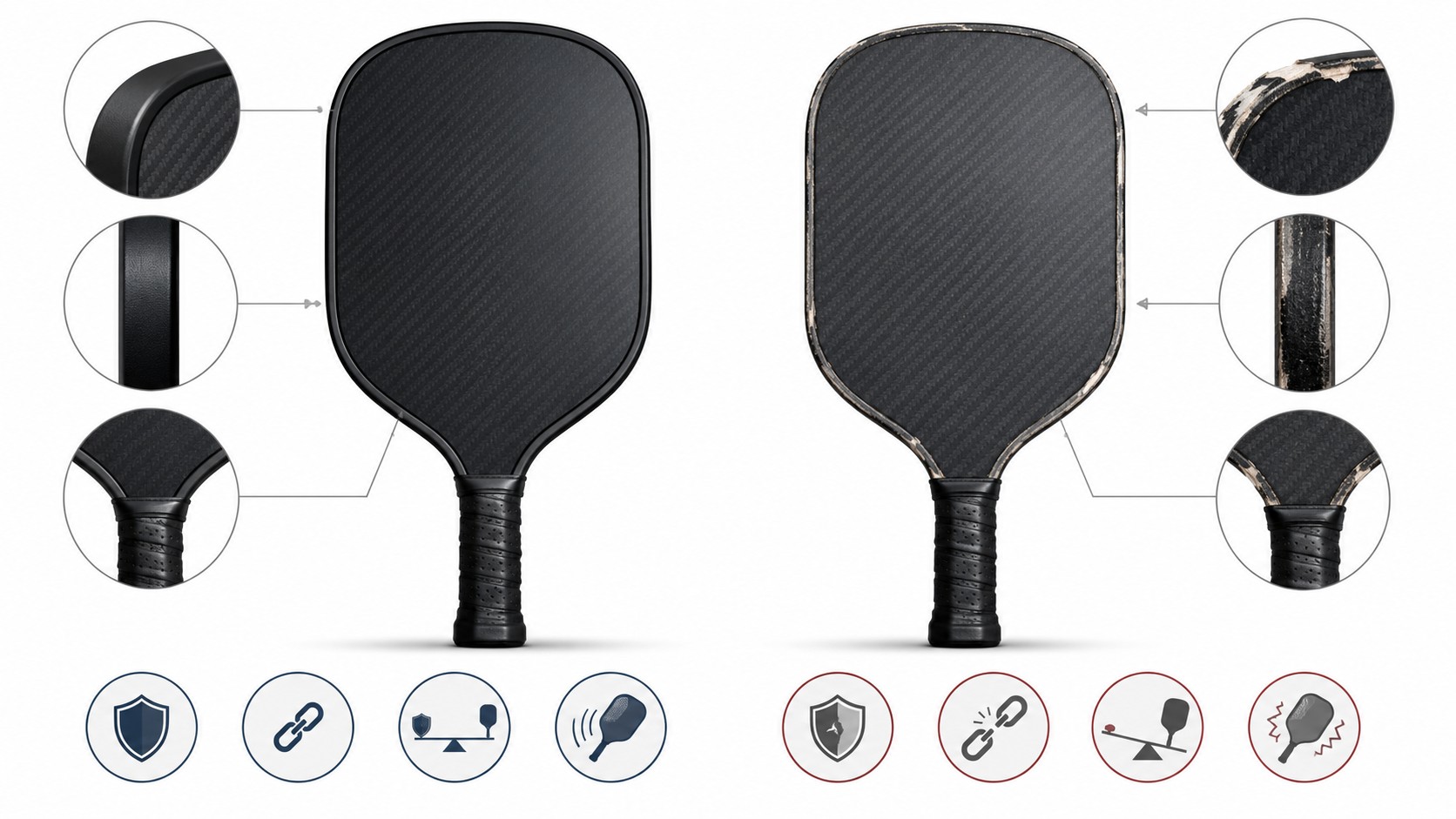 Comparing two pickleball paddles side by side.