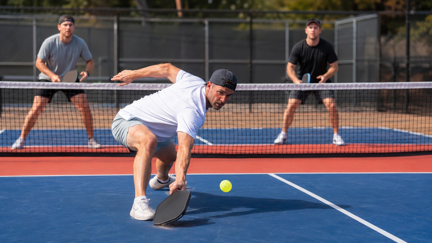 Pickleball player scraping the paddle edge while reaching for a low shot