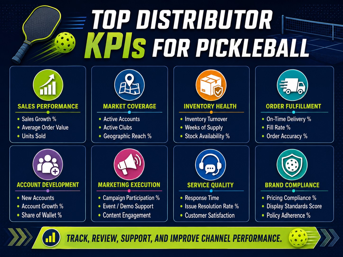 Four-pillar KPI framework for evaluating pickleball distributor performance