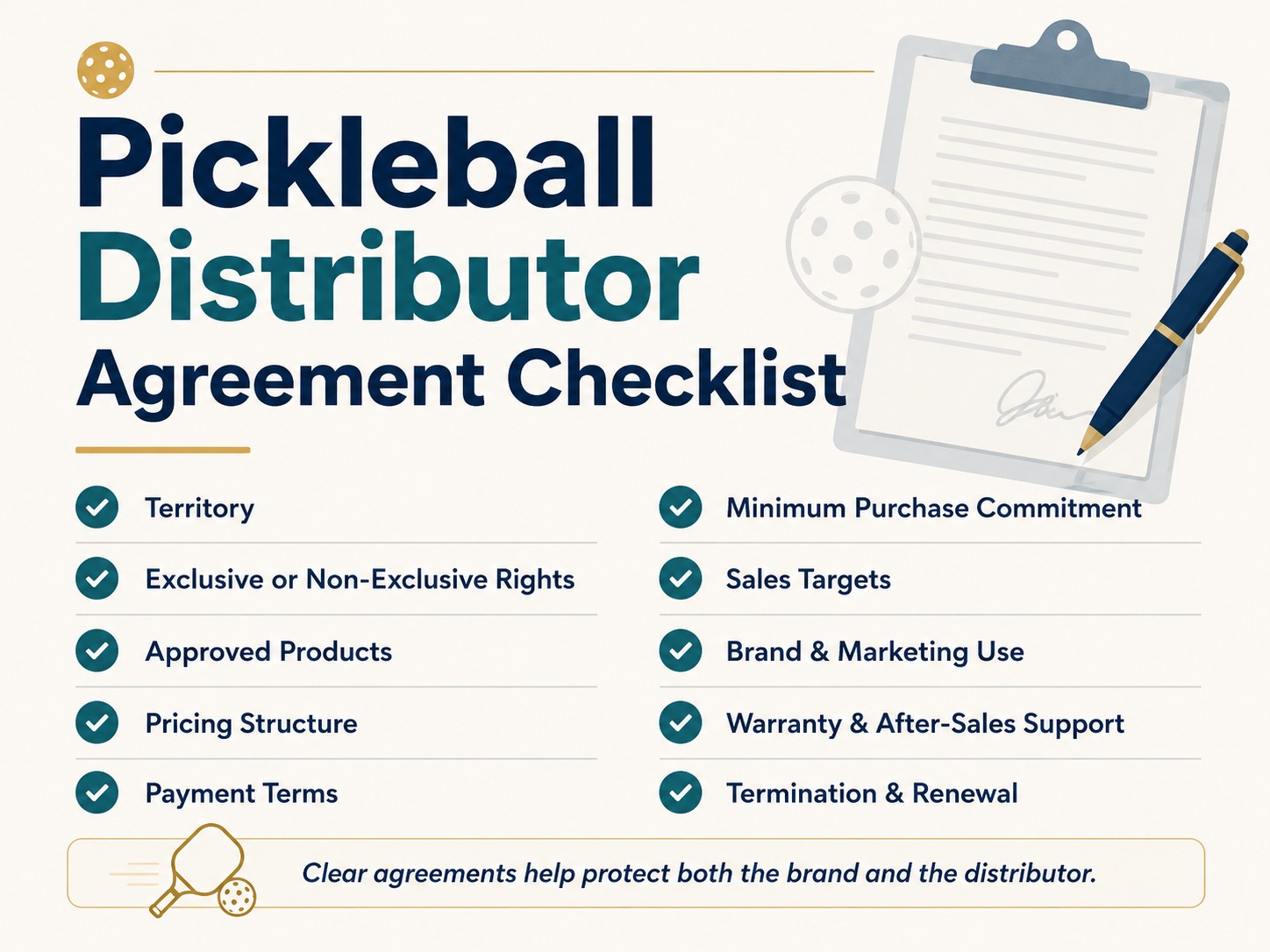 Key components of a pickleball distributor agreement and distribution contract